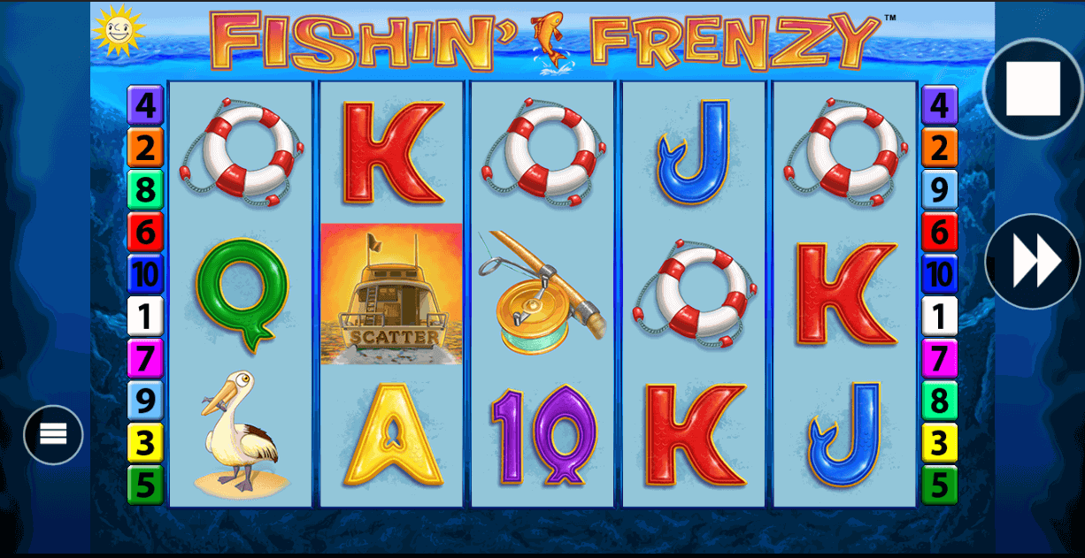 Ledger entry image of Fishin' Frenzy's free games: the fisherman wild mid-catch on the blue underwater reels, tagged fish nearby and the golden boat scatter symbol above.